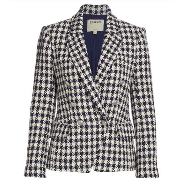 L’AGENCE Kenzie Double-Breasted Navy Ivory Tweed Blazer Size 10 - Picture 1 of 8